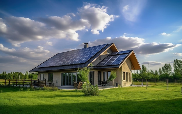 Uma casa com painéis solares no telhado
