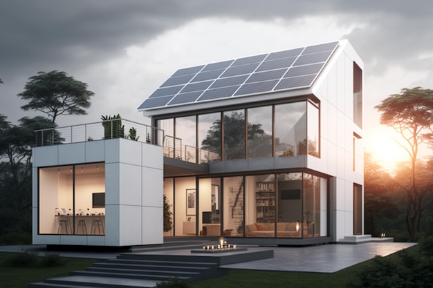 Uma casa com painéis solares no telhado