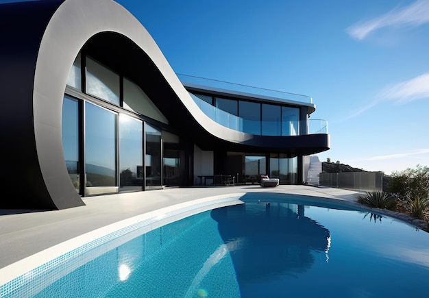 Uma casa com piscina e céu azul