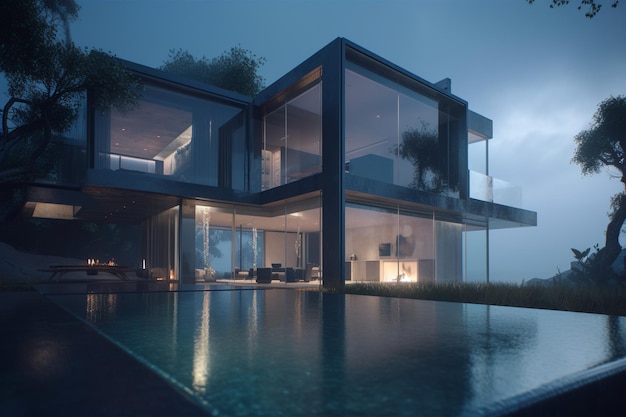 Uma casa com piscina e parede de vidro