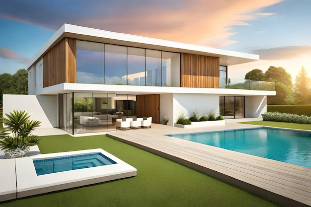 Uma casa com piscina e uma casa ao fundo