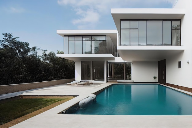 Uma casa com piscina e uma piscina em frente.