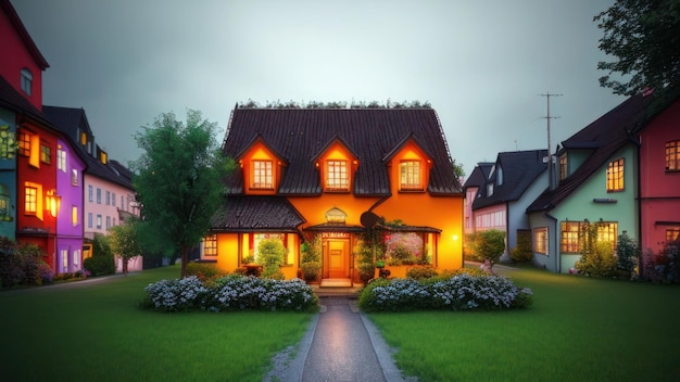 Uma casa com telhado amarelo e varanda iluminada.