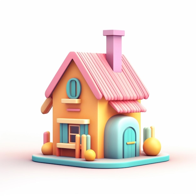 Uma casa com telhado rosa e telhado azul.