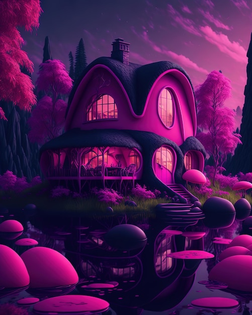 Uma casa com telhado rosa e um lago ao fundo.