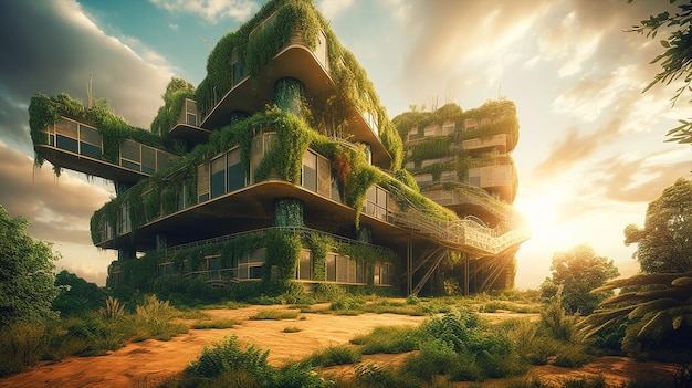 Uma casa com telhado verde e plantas crescendo nela