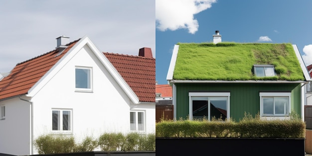 Uma casa com telhado verde e um céu azul ao fundo