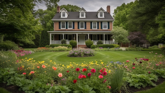 Uma casa com um jardim na frente