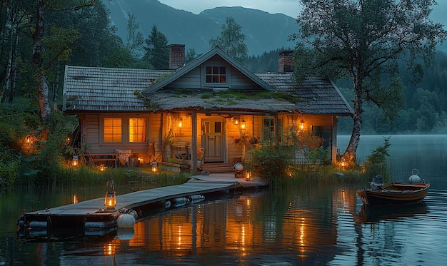 uma casa com um lago ao fundo