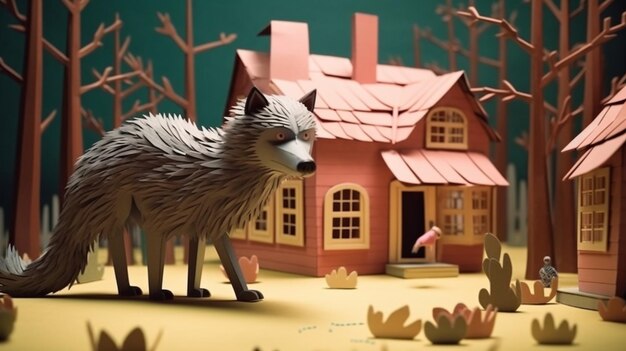 Uma casa com um lobo na frente