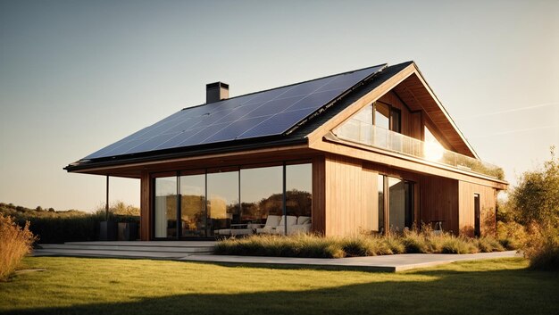 uma casa com um painel solar no telhado