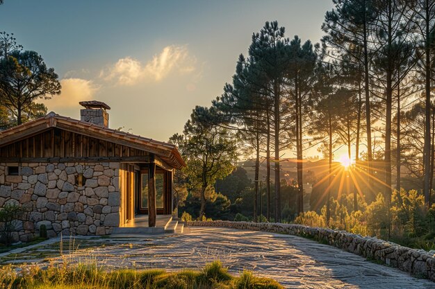 uma casa com um sol brilhando através das árvores