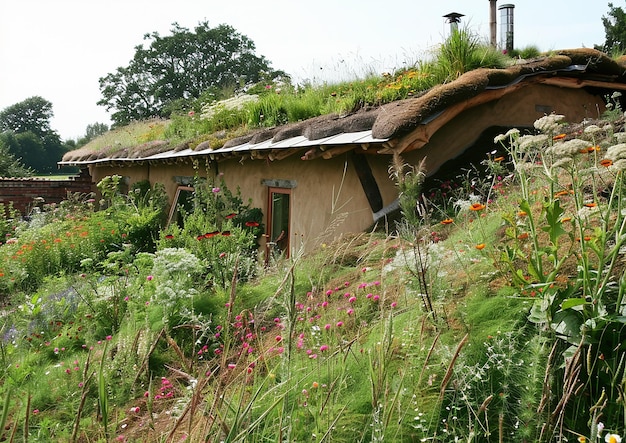 Foto uma casa com um telhado de grama que diz o nome nele