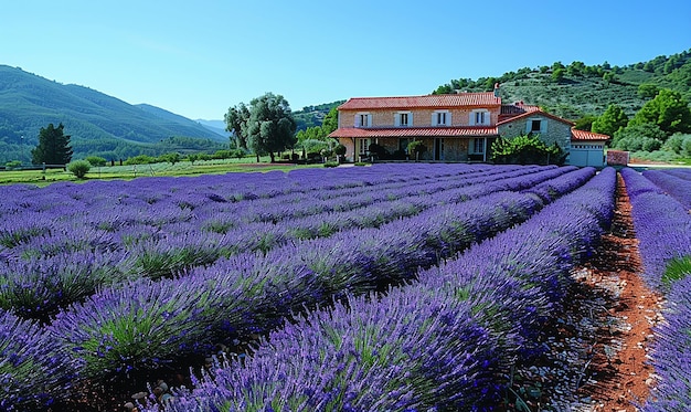 uma casa com um telhado vermelho é cercada por lavanda