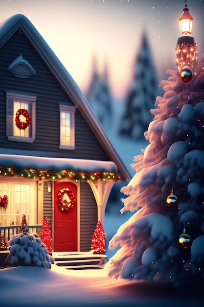 Uma casa com uma árvore de natal na neve