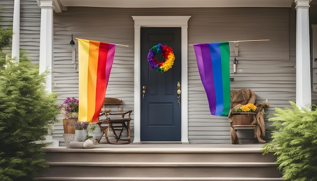 uma casa com uma bandeira de arco-íris na frente dela