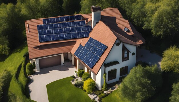 uma casa com uma casa que tem painéis solares no telhado