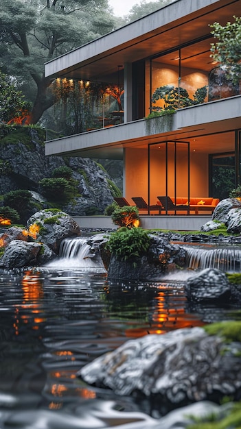 uma casa com uma cascata e uma cachoeira