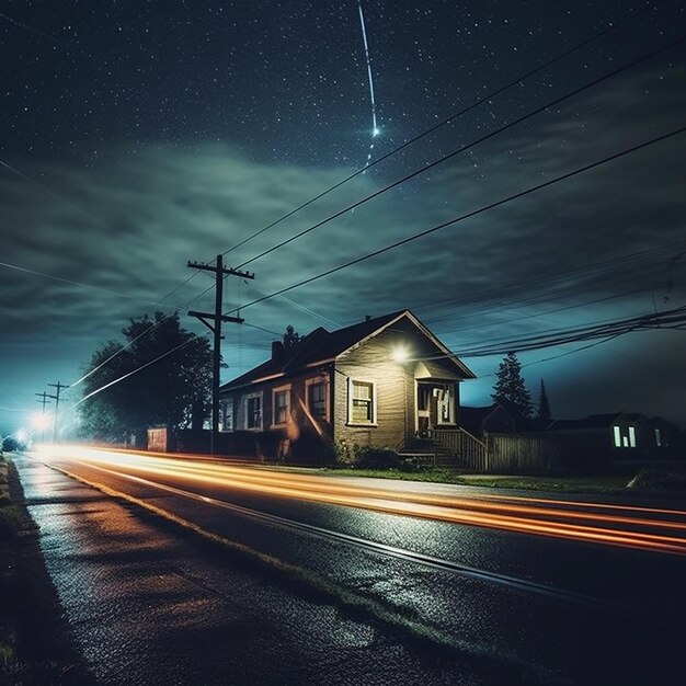 Uma casa com uma estrela no telhado é iluminada pelas luzes da rua.