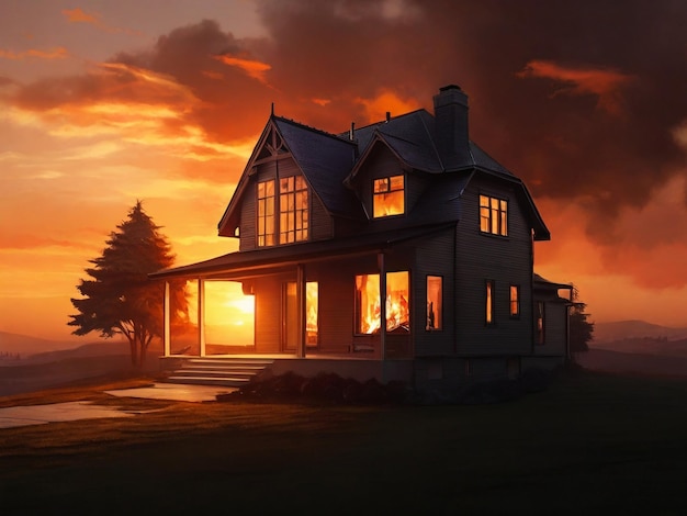 Uma casa com uma luz ardente dentro do pôr-do-sol