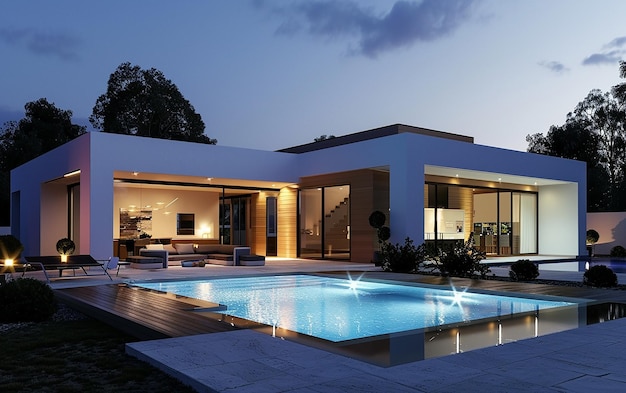 uma casa com uma piscina e uma piscina com uma piscina no fundo