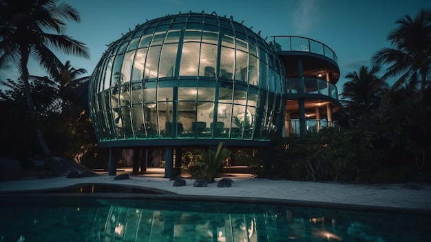 Foto uma casa com uma piscina na frente que diz 'a casa é uma cúpula de vidro'