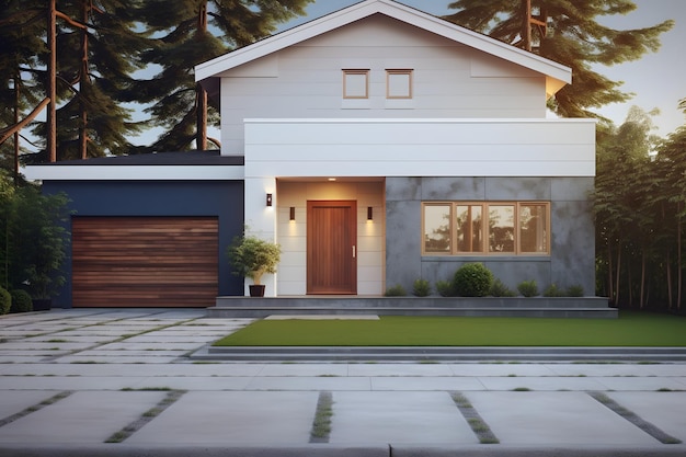 Foto uma casa com uma porta de garagem e uma porta de garage