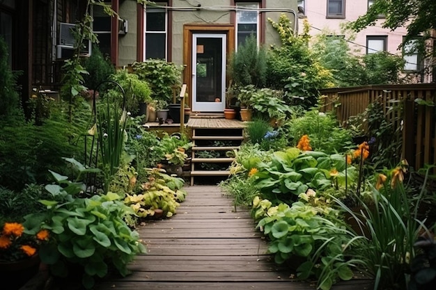 Uma casa com uma porta que diz "jardim" na frente dela.