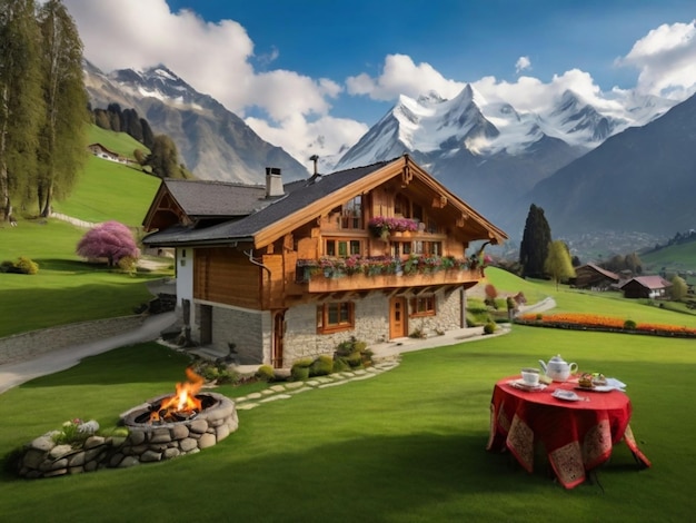 uma casa com uma toalha de mesa no gramado e uma mesa com uma toalhas de mesa sobre ela
