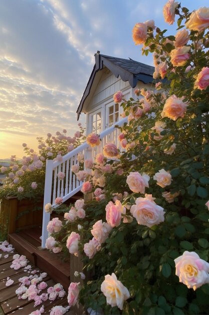 Uma casa com uma varanda branca e uma casa branca com rosas na frente.