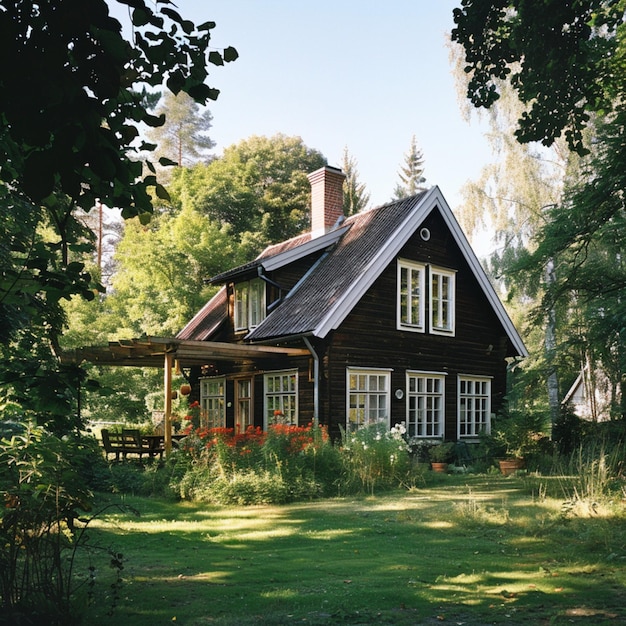 uma casa com uma varanda e um banco na floresta