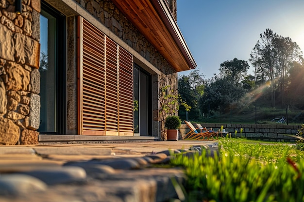 uma casa com uma varanda e uma planta no gramado