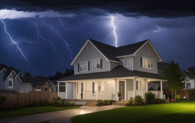 Uma casa contra um céu brilhante com relâmpagos