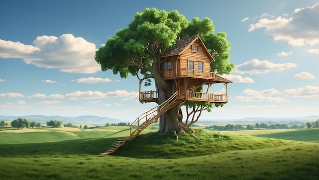 Foto uma casa de árvore no meio de um campo verde exuberante