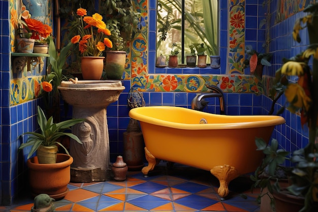 Uma casa de banho aconchegante com telhas azuis uma banheira amarela com patas de garra uma estátua e uma abundância de plantas verdes