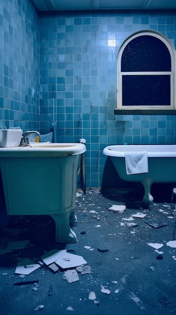Uma casa de banho azul com uma banheira e uma janela com a palavra "banho" escrita.