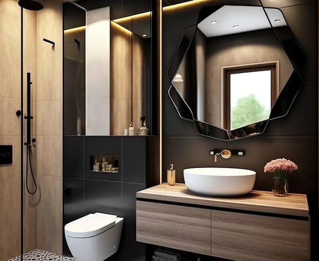 Uma casa de banho com espelho e uma sanita com uma cuba branca no lavatório.