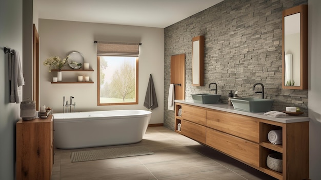 Uma casa de banho com parede em pedra e banheira em madeira.
