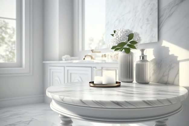 Uma casa de banho em mármore branco com uma mesa branca com uma vela branca em cima.