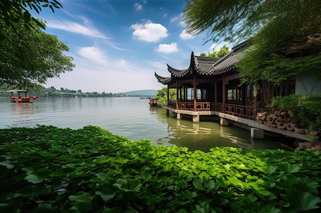 Foto uma casa de barcos na água com uma planta verde em primeiro plano.