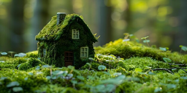 Uma casa de brinquedo verde musgo em um cenário florestal simbolizando imóvel familiar e vida ecológica Conceito Imóvel Familiar Floresta de Vida Econômica Ambientada Casa de brinquedos verde musgo Simbolismo