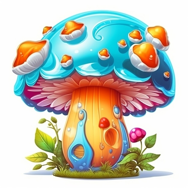 Uma casa de cogumelos de desenho animado com um telhado azul e asas laranjas