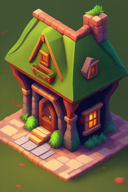 Uma casa de desenho animado com telhado verde e uma placa que diz "casa" nela.
