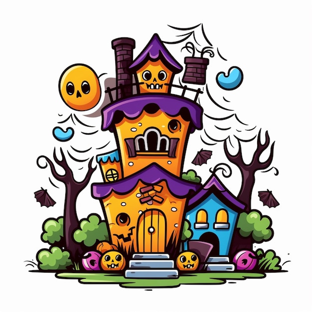 uma casa de desenho animado com tema de halloween e balões generativos ai