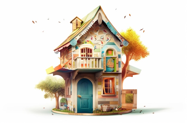 Uma casa de desenho animado com uma árvore na frente e a palavra "conco" na frente.