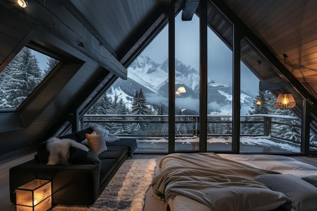 Uma casa de estrutura com grandes janelas com vista para as montanhas cobertas de neve AI geradora