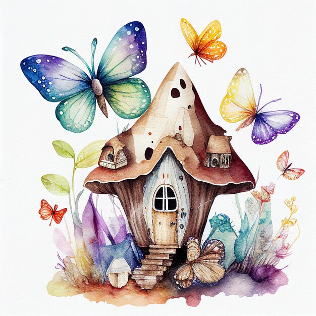 Foto uma casa de fada com uma borboleta no telhado