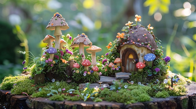 Uma casa de fadas extravagante aninhada entre cogumelos gigantes e flores vibrantes numa floresta exuberante