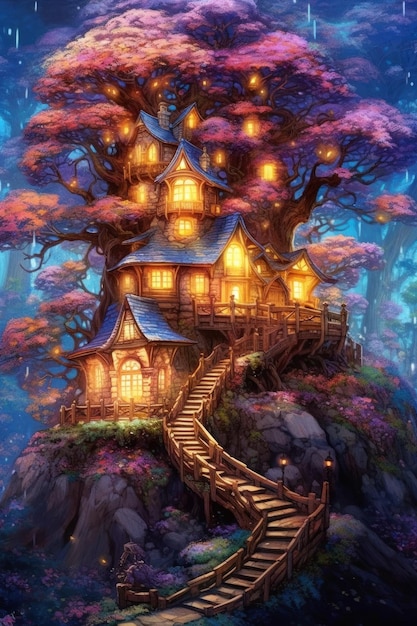 Uma casa de fantasia com uma casa na árvore no topo.