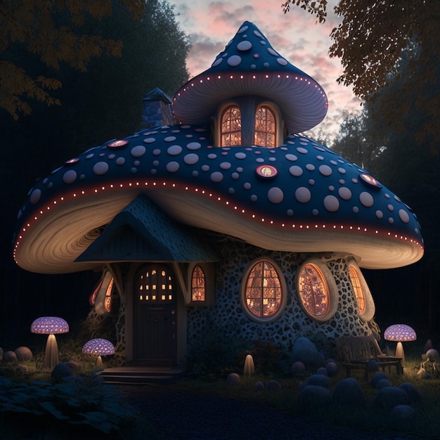 Uma casa de fantasia de cogumelos iluminados, um mundo fabuloso